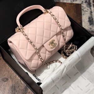 Chanel Top Handle Mini Rectangular Flap Pink Lambskin Gold Hardware